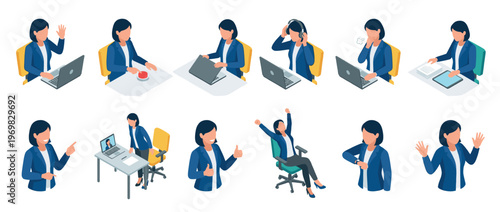 Businesswoman performing various office tasks and gestures, illustrating communication, productivity, and different work situations in an isometric vector collection.