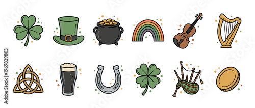 St. Patrick's Day icons collection featuring shamrock, leprechaun hat, pot of gold, rainbow, and traditional Irish symbols for holiday celebration.