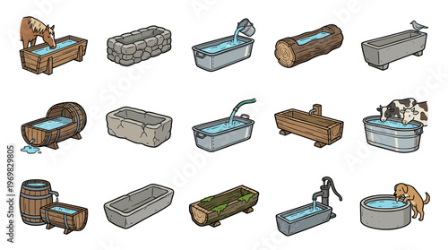 Collection of various water troughs, feeders, and containers for farm animals and pets, including wooden, stone, and metal designs.