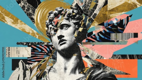 Statue sculpture with abstract collage design and colorful geometric art