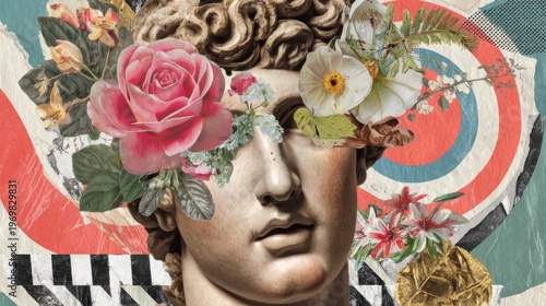 Sculpture head decorated with flowers surreal collage modern art