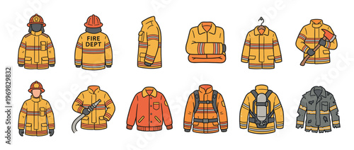 Collection of various cartoon firefighter jackets and protective gear illustrations, including uniforms, helmets, and equipment for emergency services.