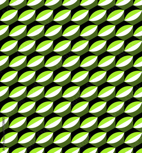 Green leaf geometric seamless pattern with optical illusion, abstract peripheral drift op art background with hypnotic effect.