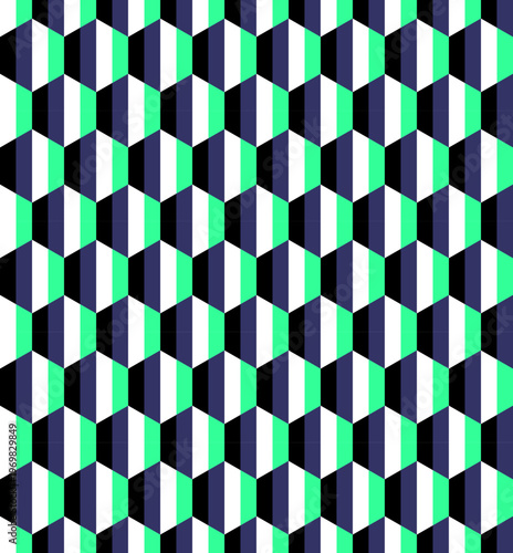 Geometric seamless pattern with 3D cubes and optical illusion, blue and green abstract op art background with peripheral drift effect.