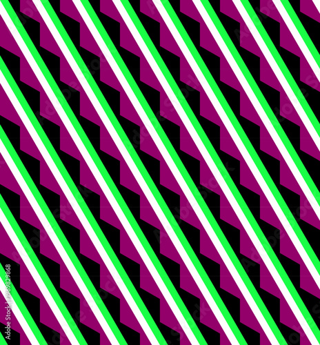 Diagonal geometric seamless pattern with optical illusion, green and magenta stripes creating dynamic peripheral drift op art background.