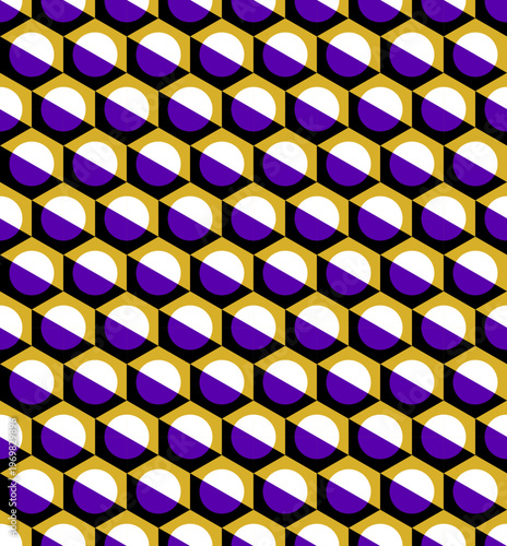 Geometric seamless pattern with peripheral drift optical illusion, purple circles and yellow grid abstract background, hypnotic op art design.