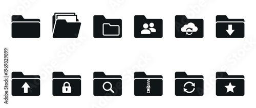 Folder icons set with various symbols representing file management actions like upload, download, search, and security for digital interfaces.