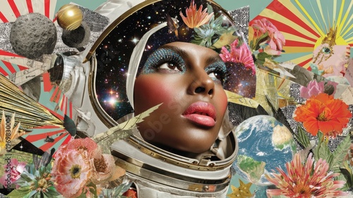 Astronaut woman exploring space surrounded by flowers and planets