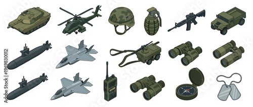 Military vehicles, weapons, and equipment collection featuring tanks, helicopters, fighter jets, submarines, rifles, grenades, binoculars, and dog tags in isometric style.