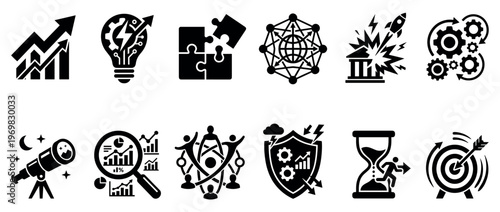 Business, technology, and abstract concept icons illustrating growth, innovation, strategy, problem-solving, and achievement in modern professional environments.