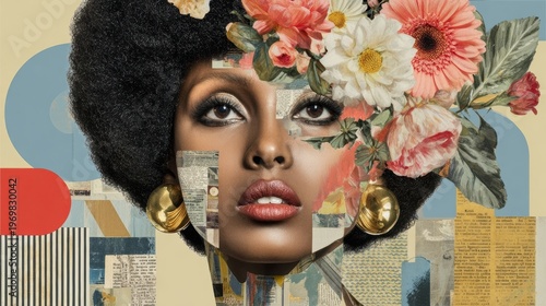 Woman face afro hair floral collage mixed media art portrait
