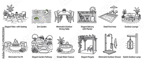 Collection of outdoor living and garden elements depicted in minimalist line art illustrations for home and landscape design.