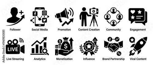 Social media icons, digital marketing concepts, and online business strategies are depicted in a comprehensive set of black glyphs.