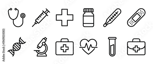 Medical icons set featuring essential healthcare symbols like stethoscope, syringe, thermometer, and first aid kit for health and science concepts.