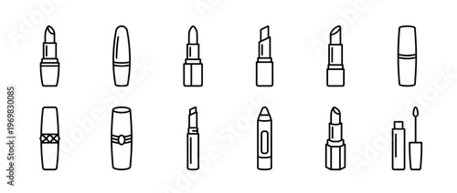 Lipstick mascara cosmetics beauty products line art icons set for makeup and fashion design elements and personal care items.