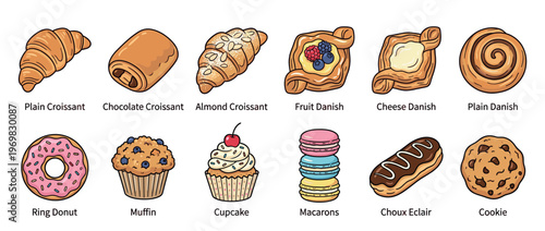 Assortment of delicious baked goods and pastries including croissants, danishes, donuts, muffins, cupcakes, macarons, eclairs, and cookies.