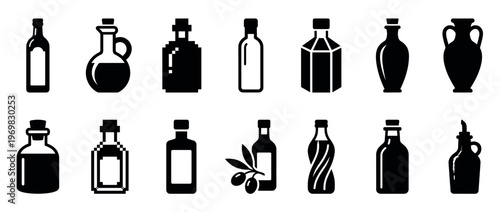 Collection of various black silhouette icons depicting different types of oil bottles, liquid containers, and olive oil carafes, suitable for food and kitchen design elements.