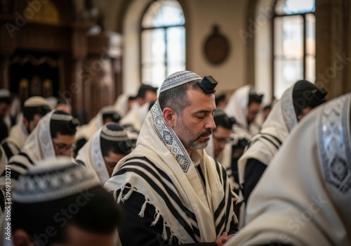 Men in traditional attire praying in a synagogue