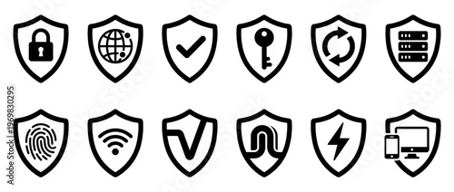 Security shields collection of digital protection icons representing data safety and network privacy concepts.