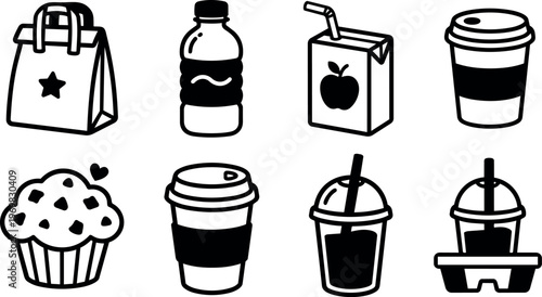 Coffee cups muffin juice bottle and takeaway bag icons