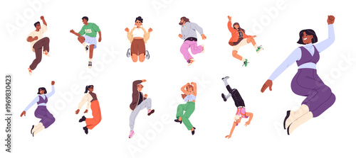 Happy people jump for joy set. Excited men and women leap with hands up. Cheerful characters hop, celebrate victory, rejoice at success and winning. Flat isolated vector illustrations on white