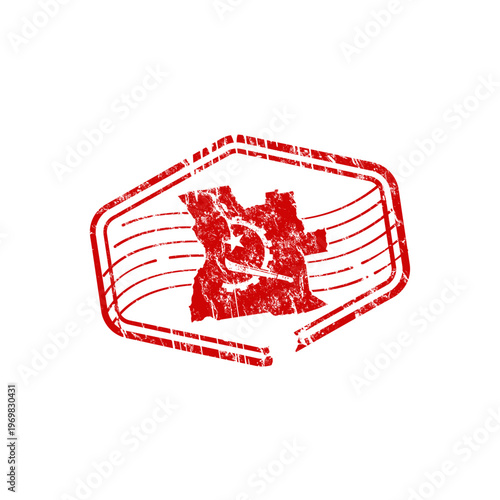 Angola map, red grungy rubber stamp in hexagonal frame. Vector illustration