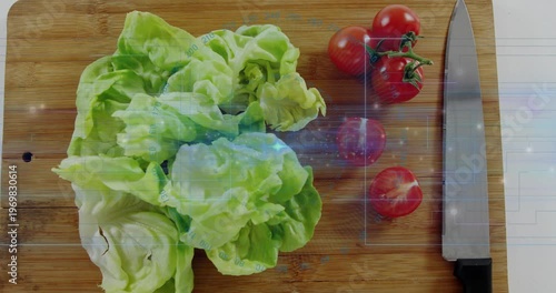 Pale-green lettuce on board, camera panning revealing knife and vine tomatoes, UI highlighting prep