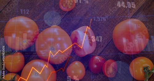 Overlays appearing over tomato cluster, orange line climbing, labels shifting, showing sales trends