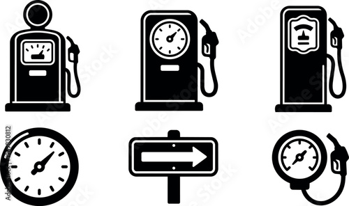 Black and white gas pump icons with meters and directional arrow vector art
