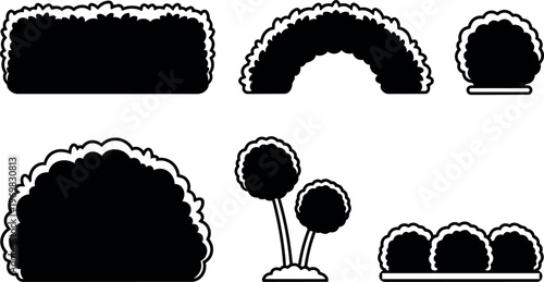 Black and white silhouette vector art of different bush and shrub shapes
