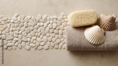 White pebbles and seashells next to a towel with a small sponge on a beige background, spa concept banner. 