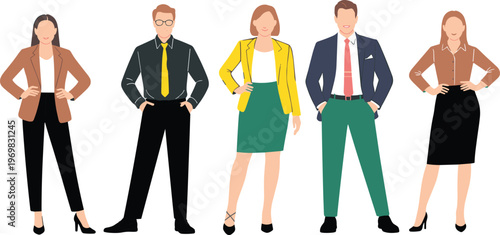 Flat vector illustration of professional business group diverse office workers standing together wearing colorful formal suits for corporate teamwork and successful career concepts.