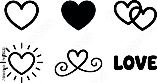 Black line art hearts and love lettering vector illustration