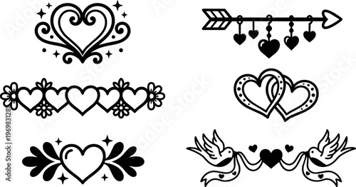 Black and white line art romantic hearts with doves and floral accents vector art