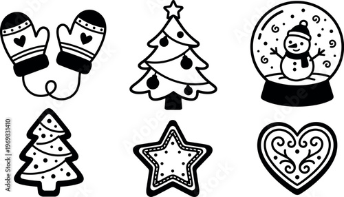 Black and white christmas icons including mittens tree snow globe star and heart