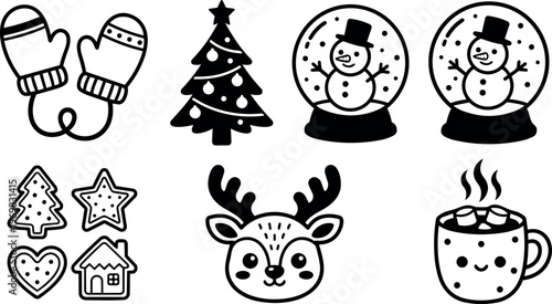 Black and white christmas icons with snowman mittens reindeer and cookies vector art