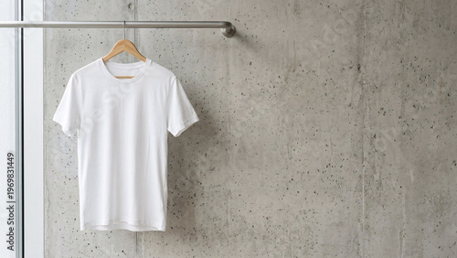 Blank white cotton t-shirt hanging on a rack against concrete wall.