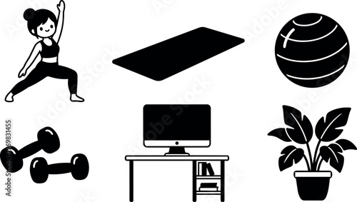 Black and white flat design yoga woman dumbbells mat computer desk and plant icons
