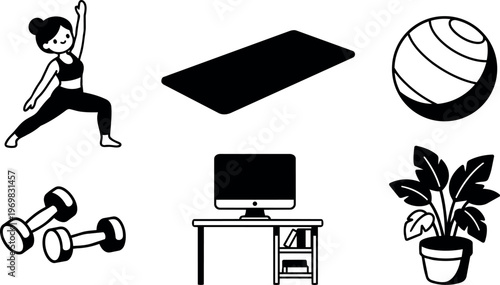 Woman doing warrior yoga pose with fitness equipment and home desk