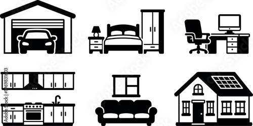 Black and white home and furniture icons including car garage kitchen and office