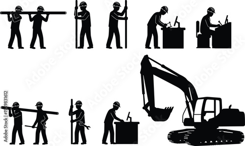 Construction workers silhouette set with excavator machine, industrial labor icons, builders carrying pipes, engineering teamwork, black vector illustration isolated on white background