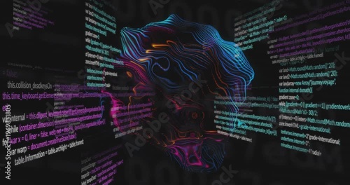 On play neon sculpture rotating while code panels sliding, scrolling forming face to show tech flow