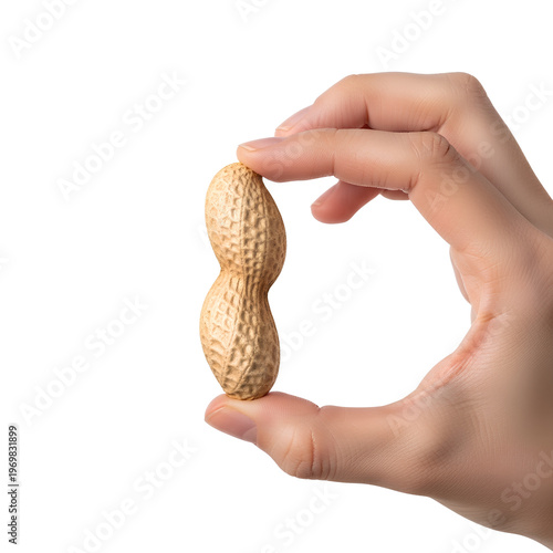Hand holding a peanut closeup shot on a white background.