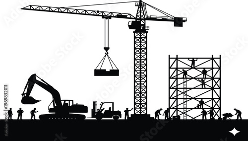 Construction site silhouette with tower crane forklift excavator and workers on scaffolding for building project urban development and industrial engineering design vector illustrations.