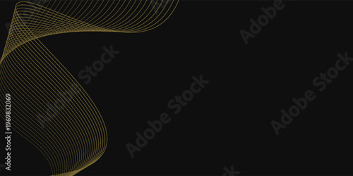 Abstract luxury with shining gold lines waves on black Vector. Futuristic background of flowing gold lines for banner, poster, cover, brochure flyer wave curve