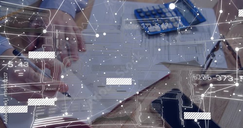 Hands entering, aligning pages, placing pen, writing for review while network overlay animating