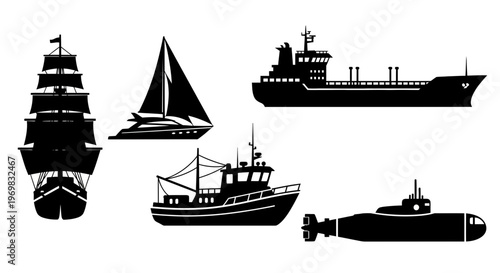 Various ships and submarines in black silhouette style  