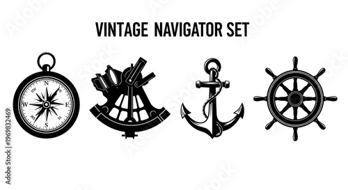 Vintage navigator set with compass, sextant, anchor, and ship wheel  