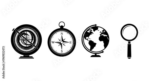 Navigational tools including globe, compass, and magnifying glass  