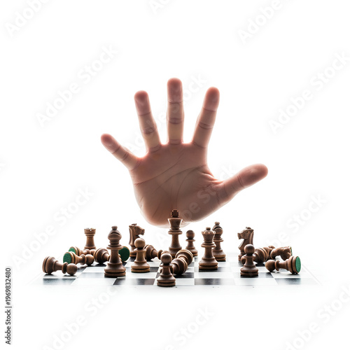 Hand hovering over chess pieces strategic game play concept.